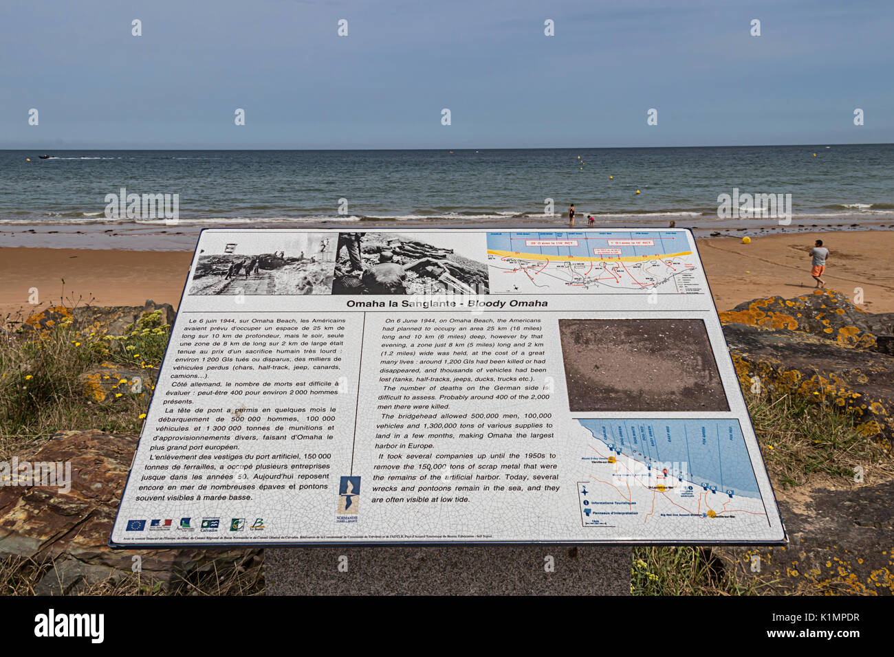 Bloody Omaha History Plaque At Omaha Beach, Normandie, France Stock Photo