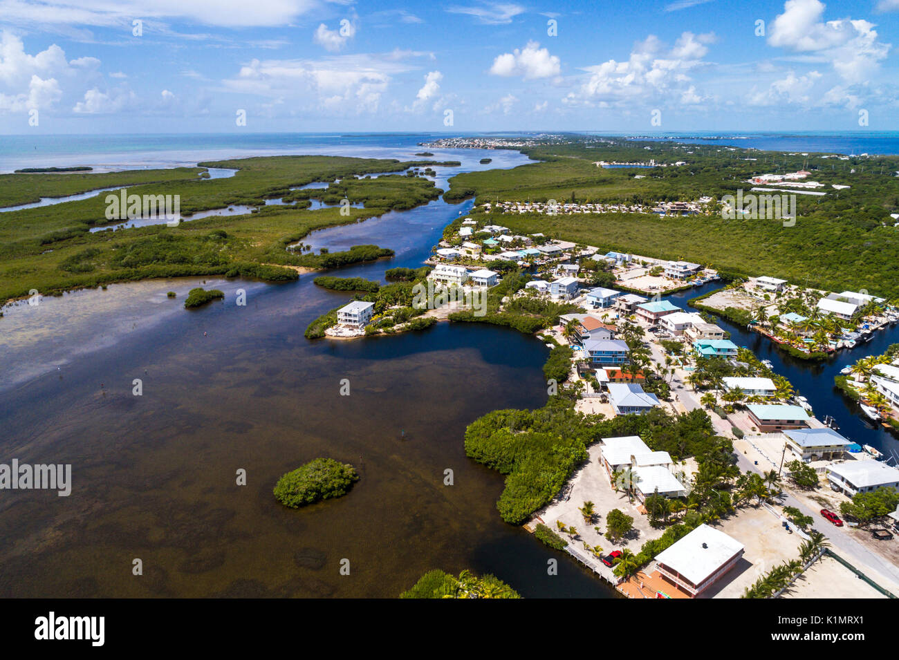 Florida,Florida Keys,Upper,Key Largo,South Creek,John Pennekamp Coral Reef State Park,mangrove trees,La Paloma Road Bridge to Nowhere,homes,residences Stock Photo