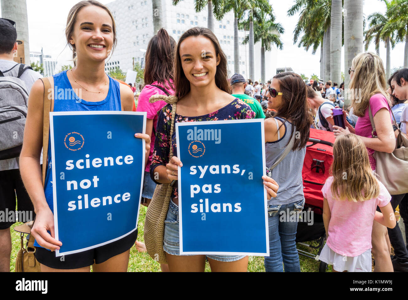 Miami Florida,Museum Park,March for Science,protest,rally,sign,protester,poster,student students pupil woman female women,friends,Creole language,FL17 Stock Photo