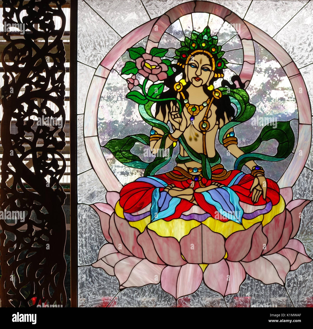 Stained glass window in the Sacred Garden of Maliko, Madawao, Maui