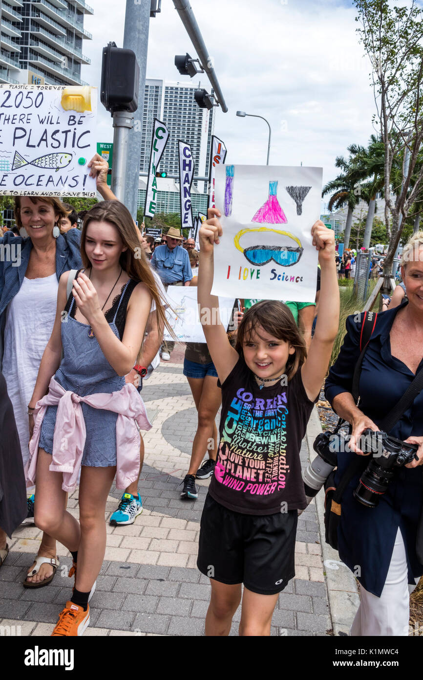 Miami Florida,Museum Park,March for Science,protest,rally,sign,protester,marching,signs,posters,girl girls,female kid kids child children youngster yo Stock Photo