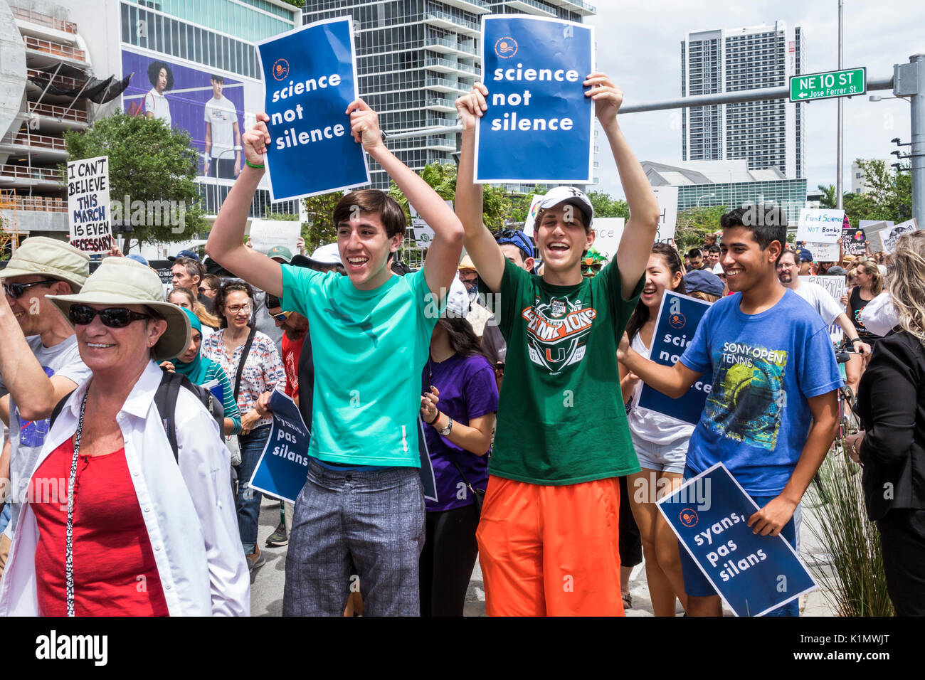 Miami Florida,Museum Park,March for Science,protest,rally,sign,protester,marching,signs,posters,teen teens teenager teenagers boy boys,male kid kids c Stock Photo