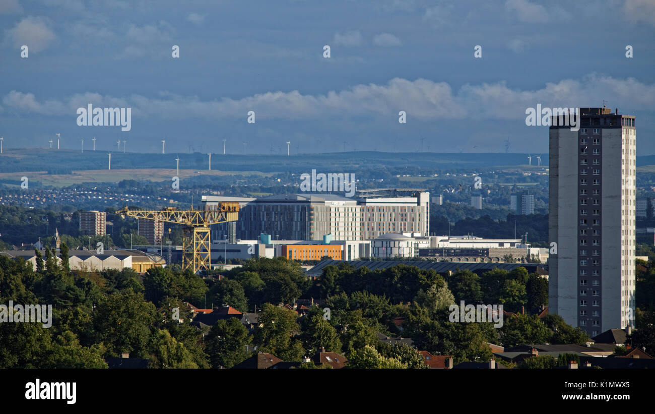 Glasgow Queen Elizabeth University Hospital known locally as the Death Star  Barclay Curle crane a Clyde titan in the foreground Stock Photo