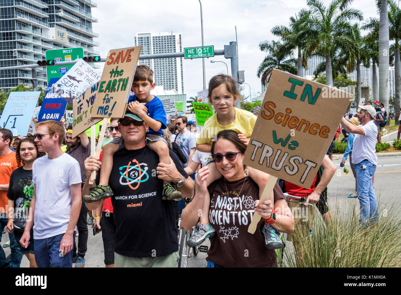 Miami Florida,Museum Park,March for Science,protest,rally,sign,protester,marching,signs,posters,family families parent parents child children,boy boys Stock Photo