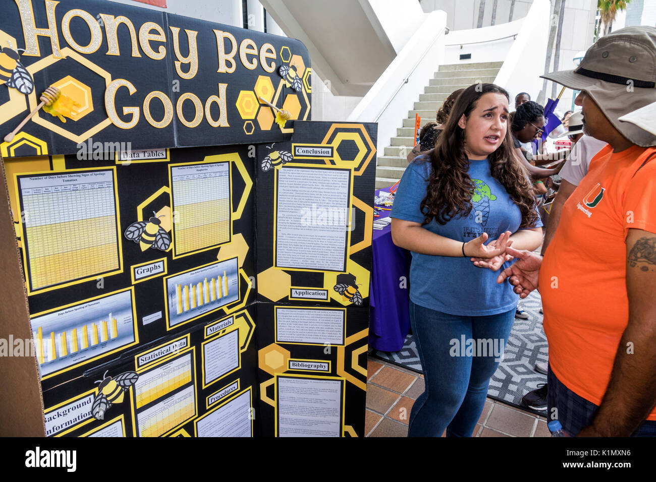 Miami Florida,Downtown,Government Center,March for Science,protest,rally,science expo,honey bees,student students pupil explains,FL170430168 Stock Photo