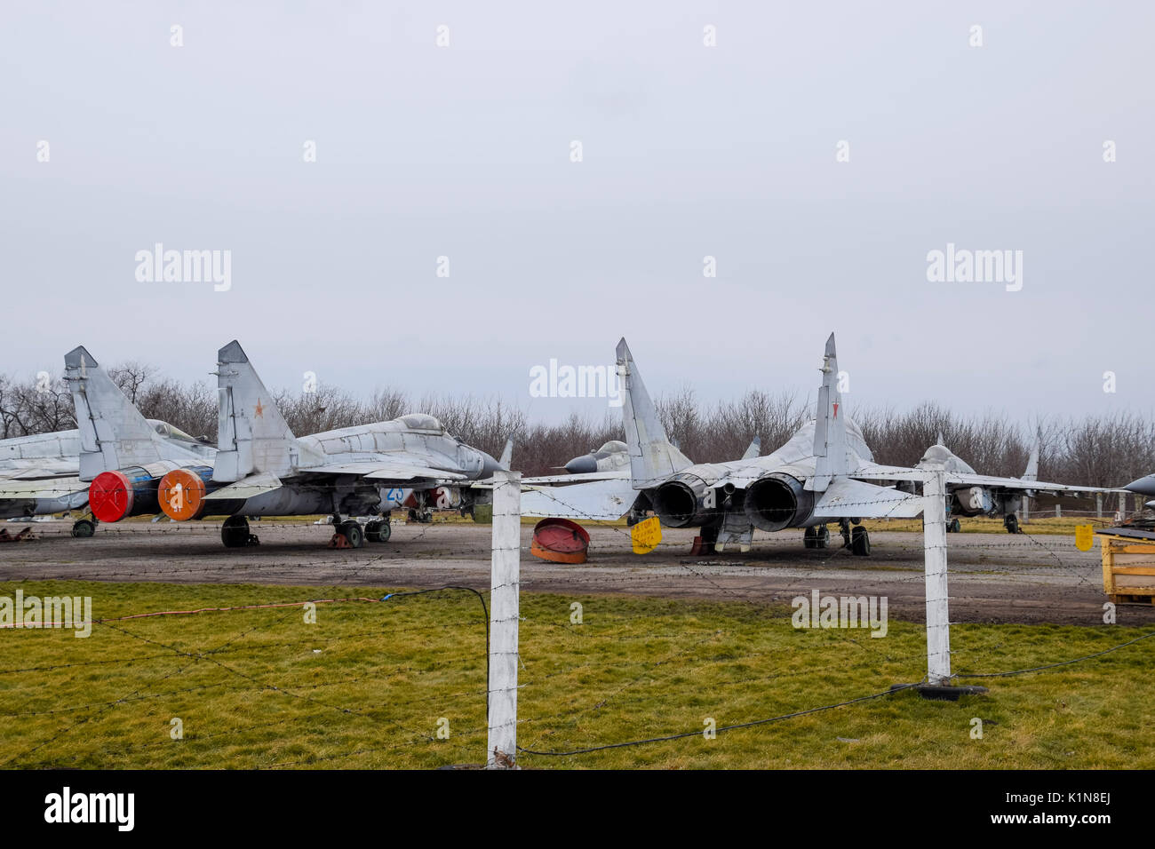 Krasnodar, Russia - February 23, 2017: Military aircraft fighters at the airport. Old decommissioned aircraft. Krasnodar airfield Stock Photo