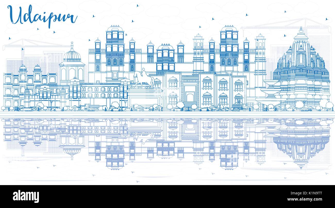 Outline Udaipur India Skyline with Blue Buildings and Reflections. Vector Illustration. Business Travel and Tourism Concept Stock Vector