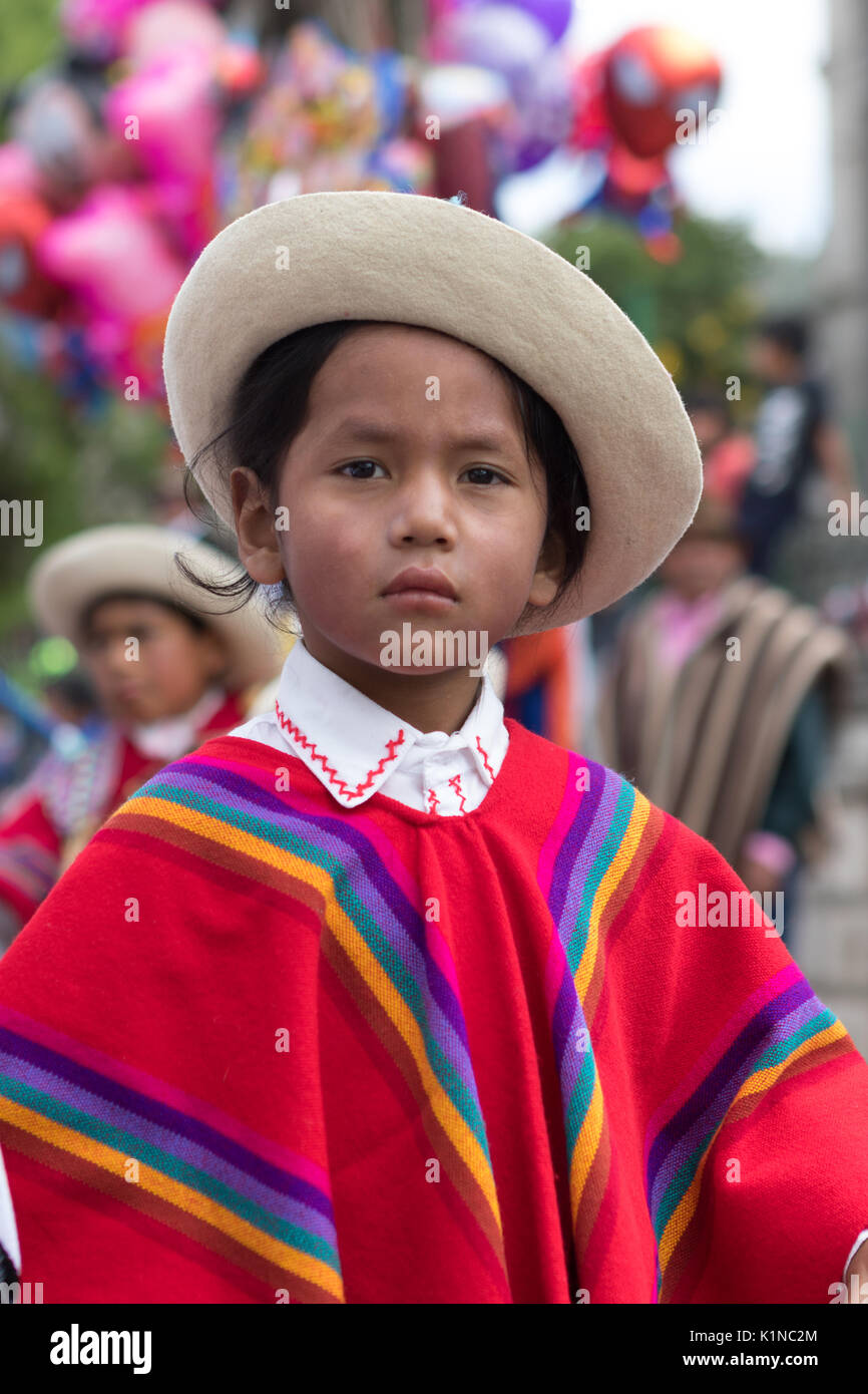 June 18, 2017 Pujili, Ecuador: closeup of a young indigenous young ...