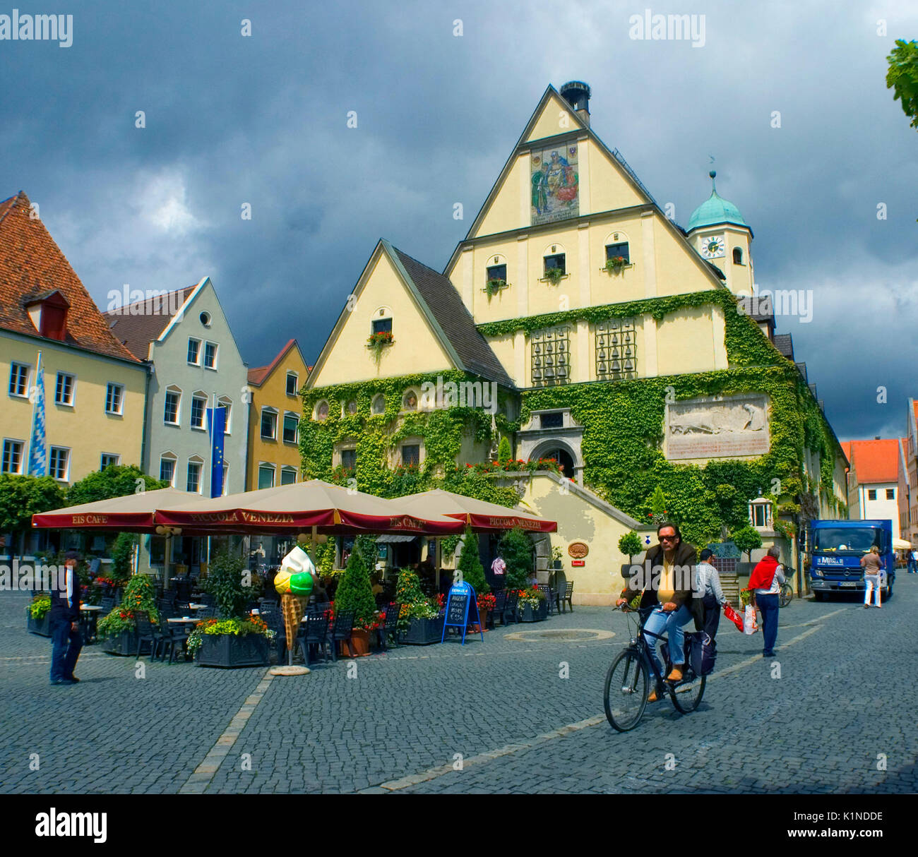 Weiden, Bavaria, Germany - July 7, 2009: The old courthouse dominates the town square, sporting a glockenspiel on the facade. Stock Photo