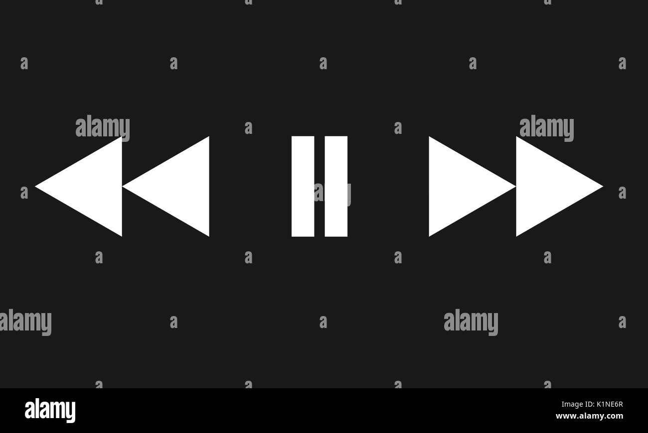 Vector white media player icon set isolated on black background. Pause ...