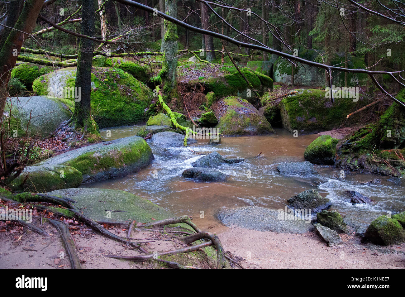 OBERPFALZ, GERMANY - Dec. 16, 2015: Nature Reserve Doost consists of round granite which collected in a brook during the Ice Age. Stock Photo