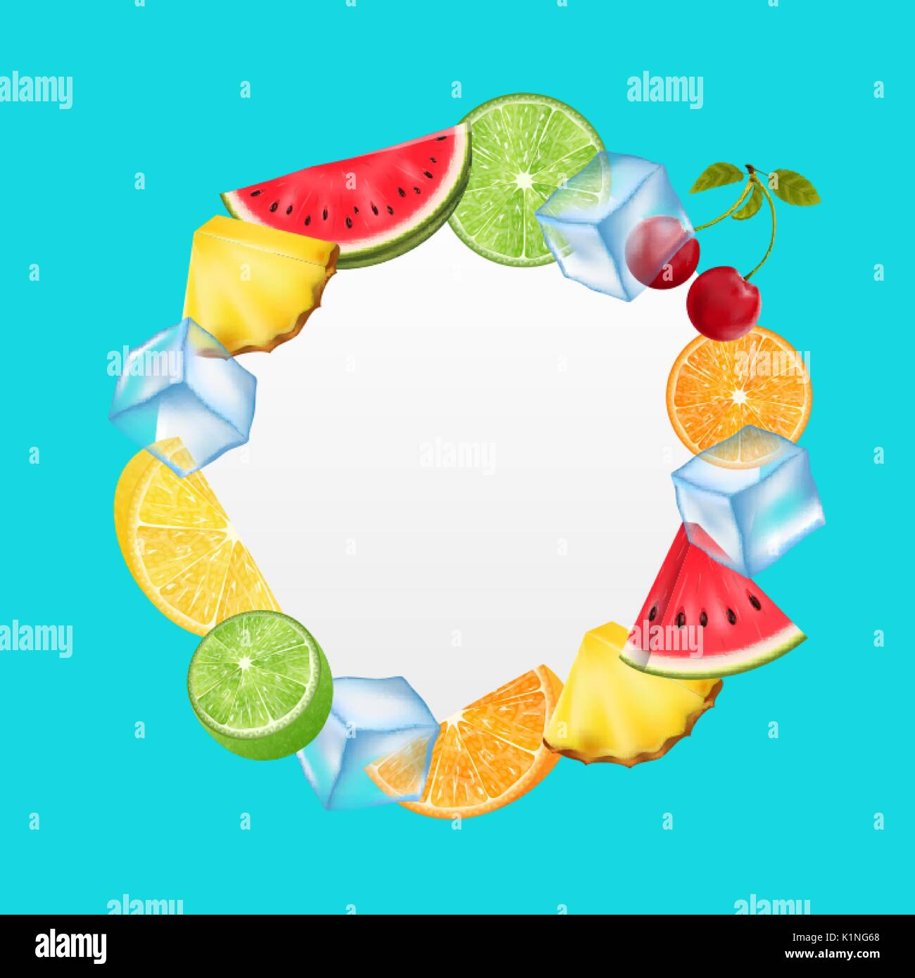 Round Fruit Frame with Ice Cubes, Pineapple, Watermelon, Cherry, Orange, Stock Vector