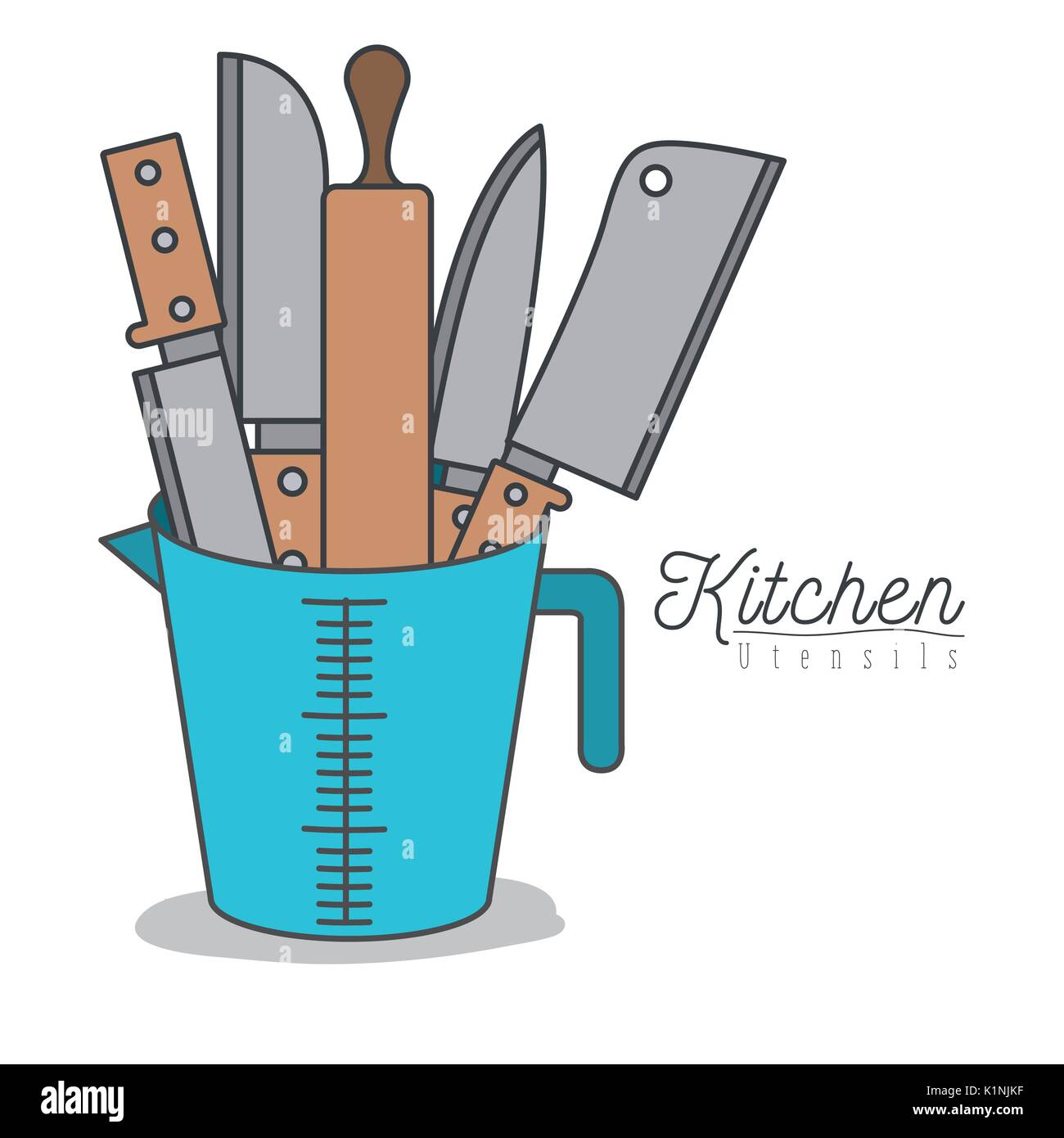 white background with colorful set knifes and roll wooden kitchen