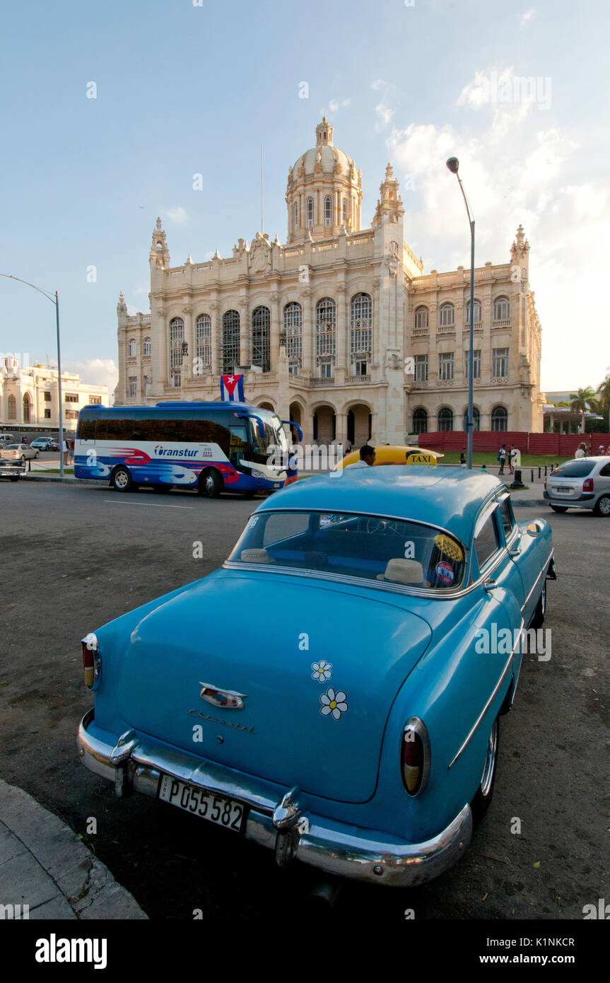 Classic 1950's American car in front of the Presidential Palace in Havana Cuba Stock Photo