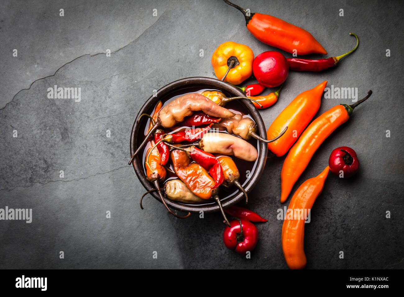 Traditional Latin American escabeche fermented chili pepper. Spicy