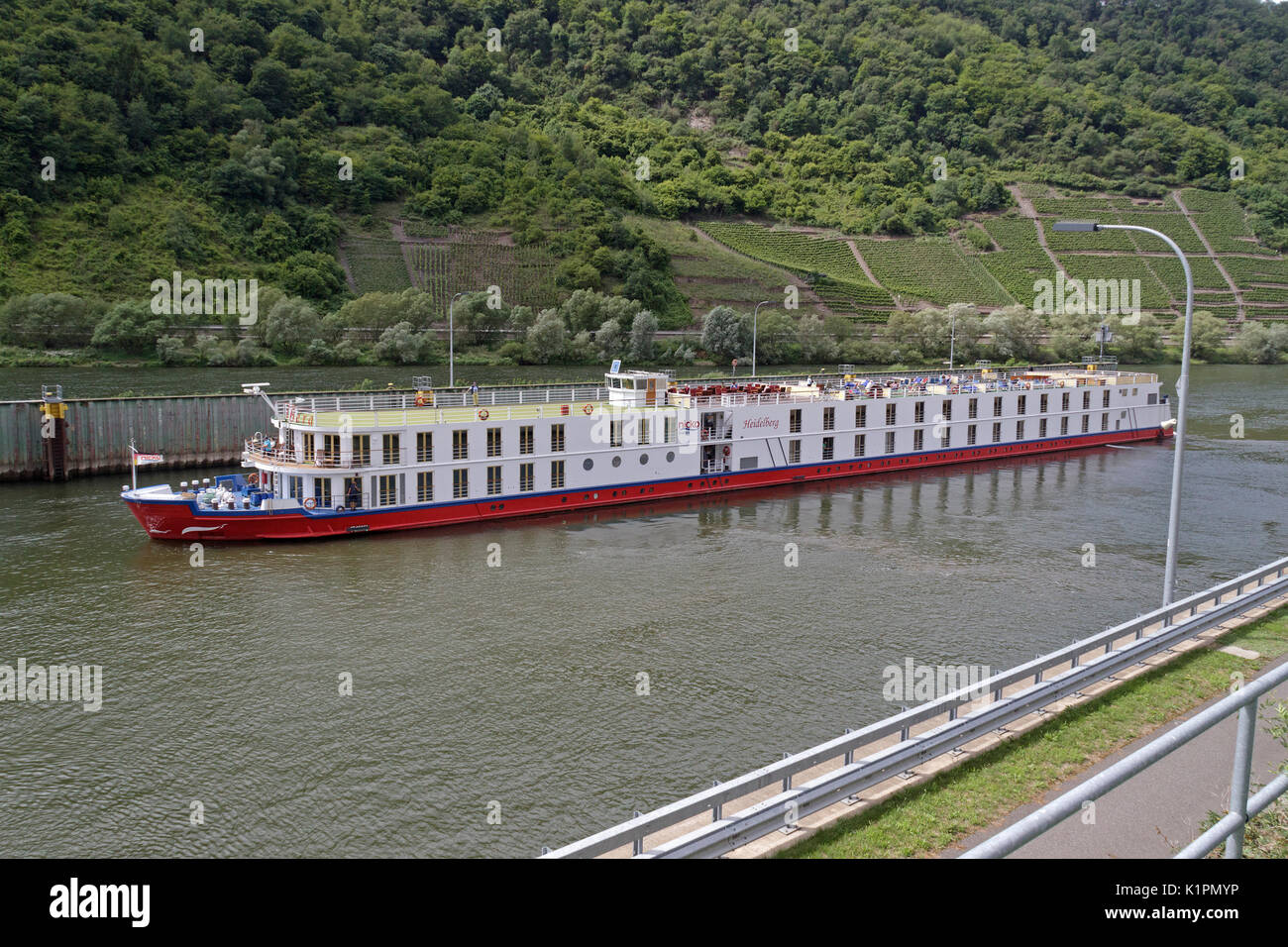 ship entering the lock near Bruttig-Fankel, Moselle, Rhineland-Palatinate, Germany Stock Photo