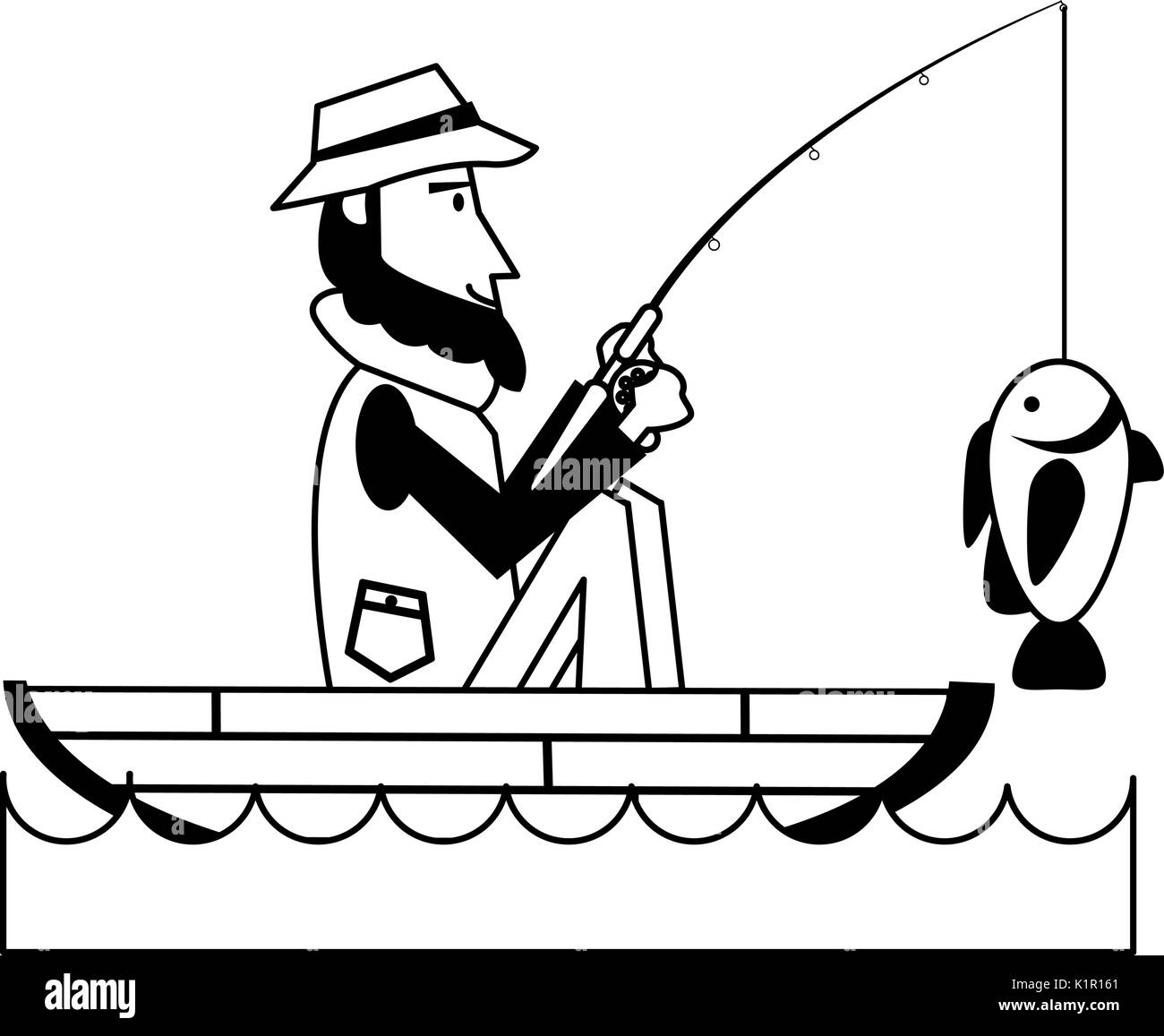 fisherman on boat icon image vector illustration design black and white ...