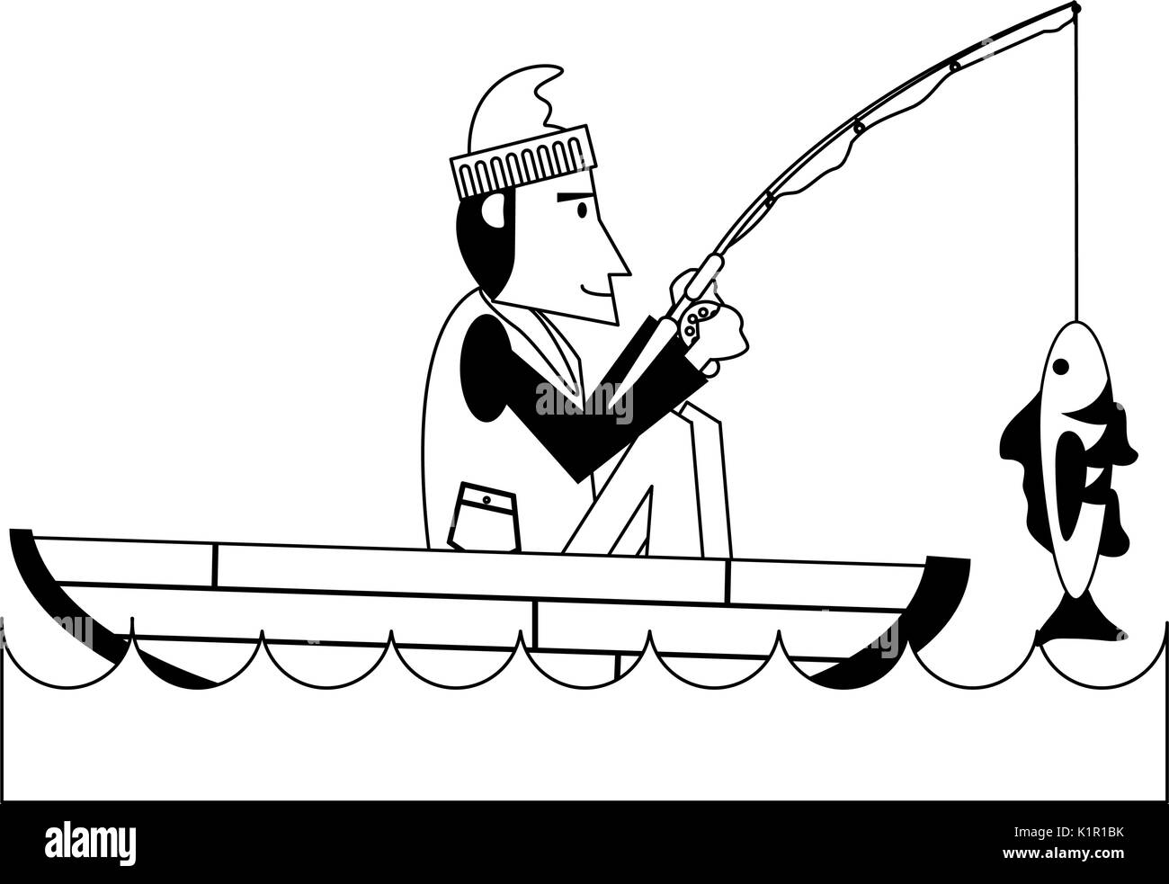 fisherman on boat icon image vector illustration design black and white ...