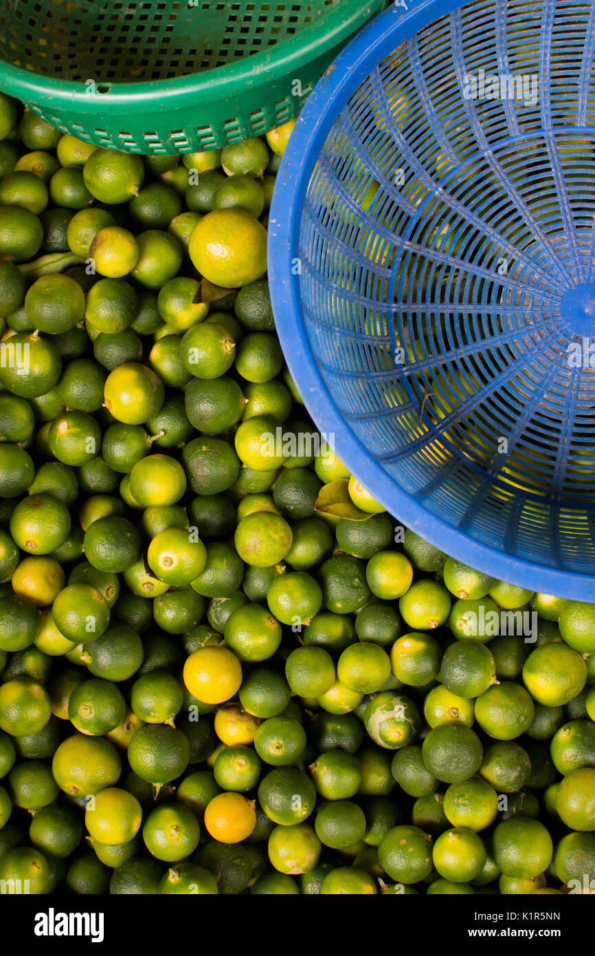 Calamodin limes or locally known as 'Limau Kasturi' displayed for sale at a local wet market in Kuala Lumpur Malaysia. Stock Photo