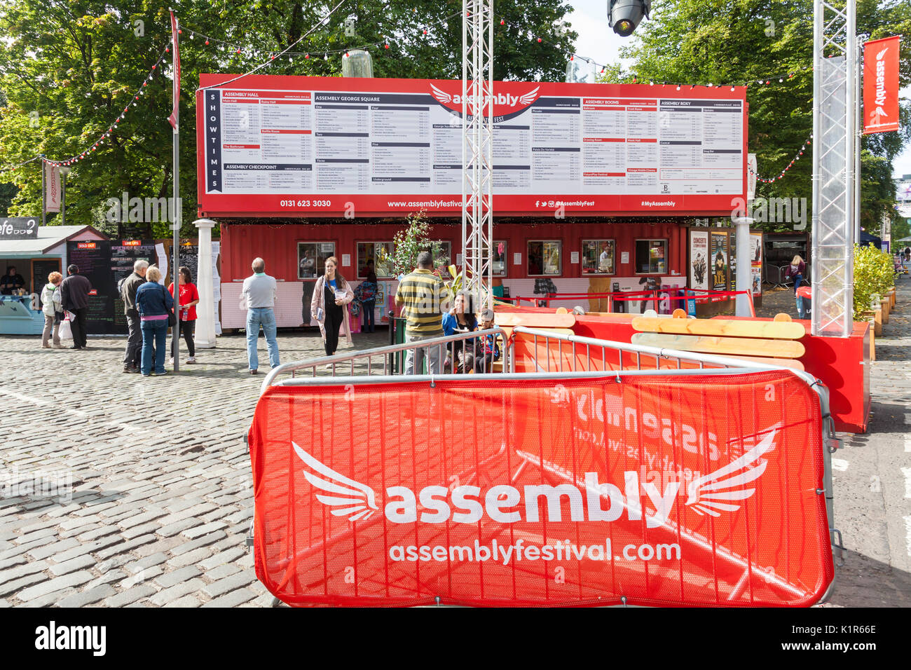 Banner, Box Office and Programme for the Assembly venues at Edinburgh Festival Fringe, on the corner of George Square. Stock Photo