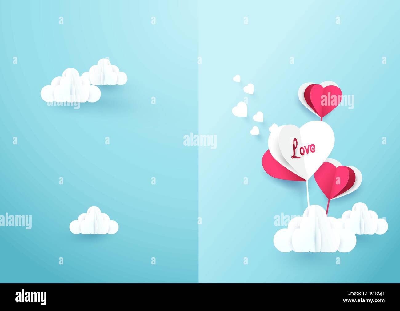 Heart shaped balloons with cloud on soft blue background. Paper art and ...