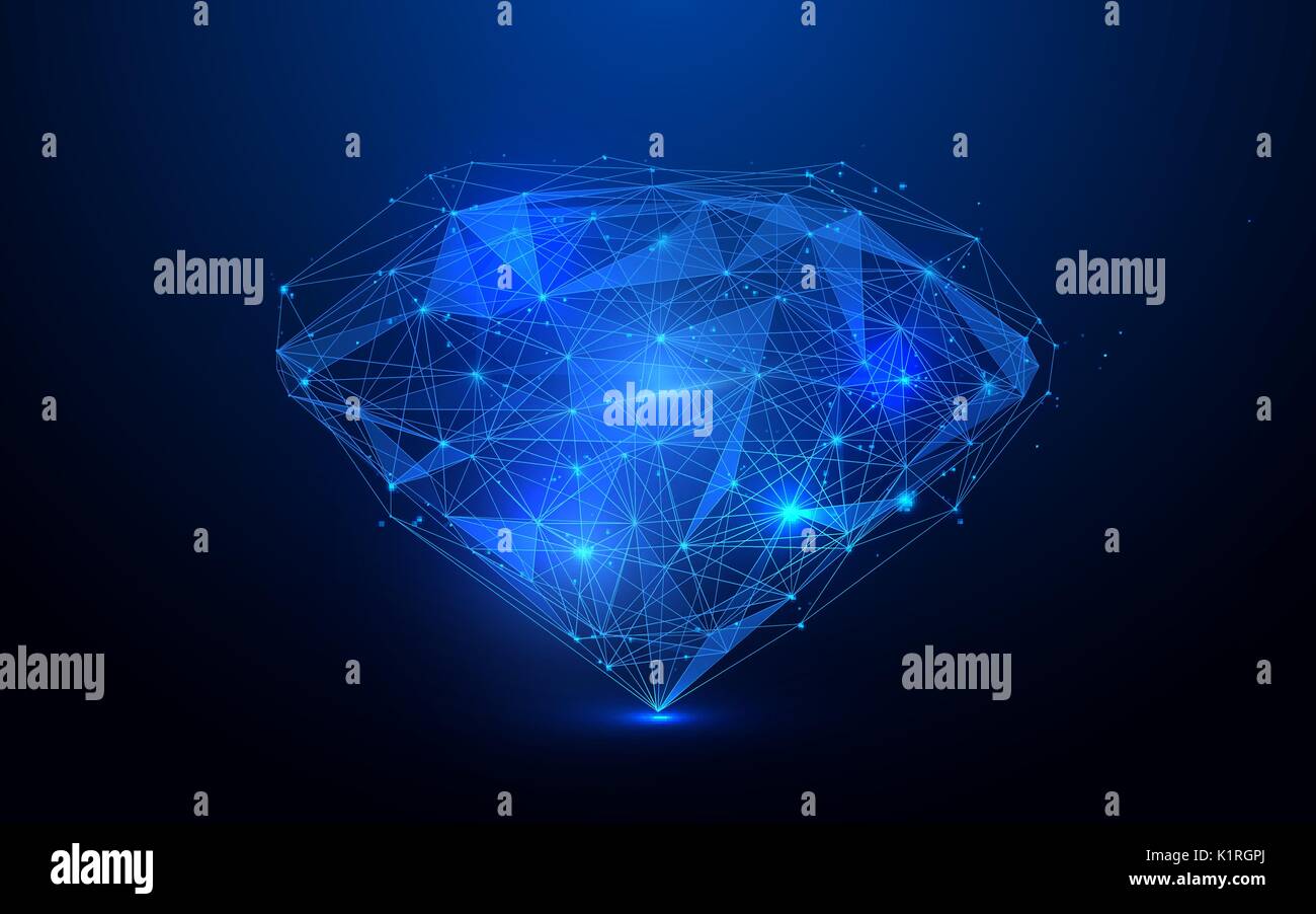 Low polygon diamond wireframe mesh on blue background Stock Vector