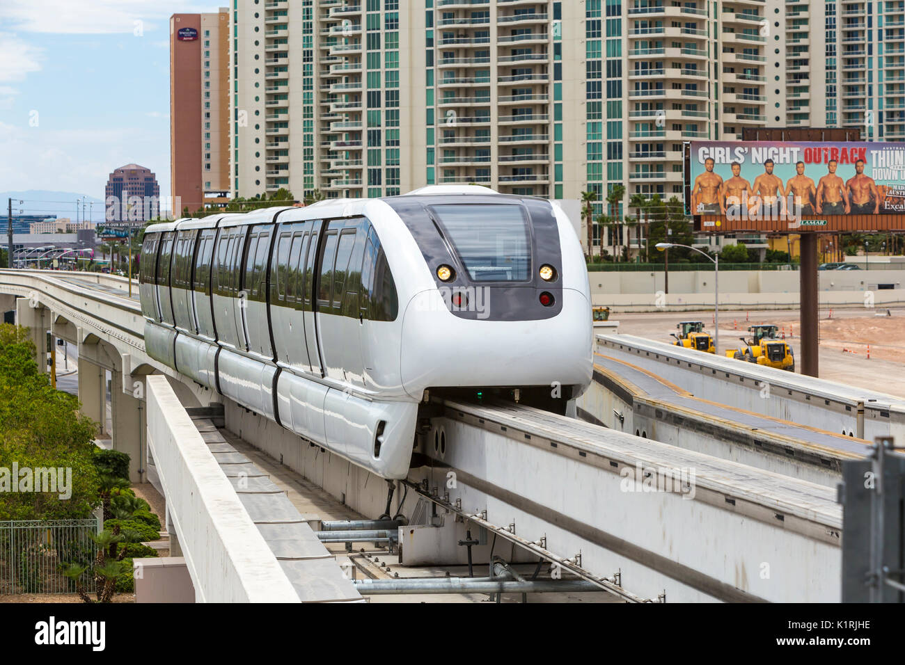 A monorail arrives at the SLS Station in Las Vegas, Nevada. Stock Photo