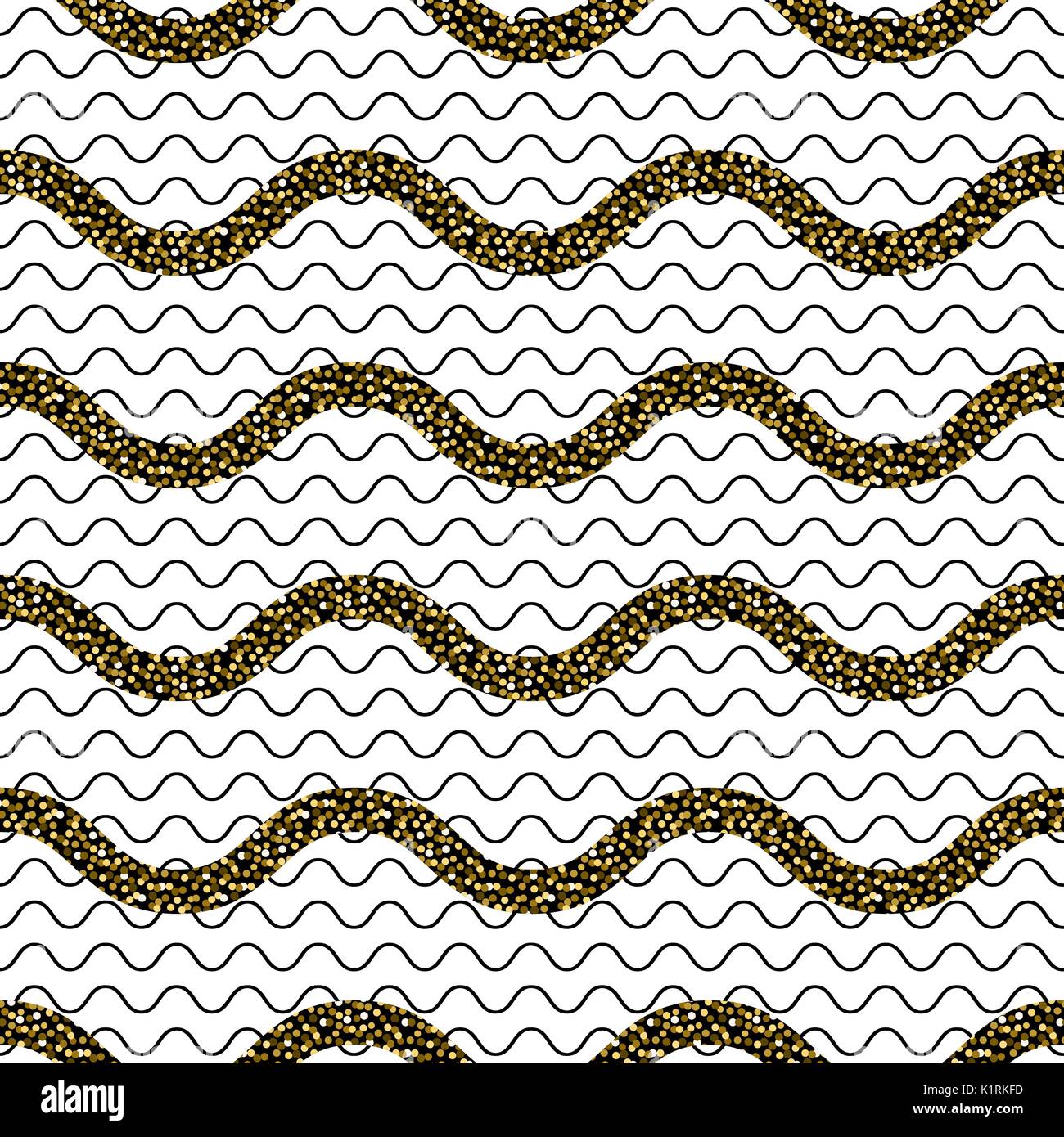 Zigzag wave lines with gold glitter seamless vector pattern. Stock Vector