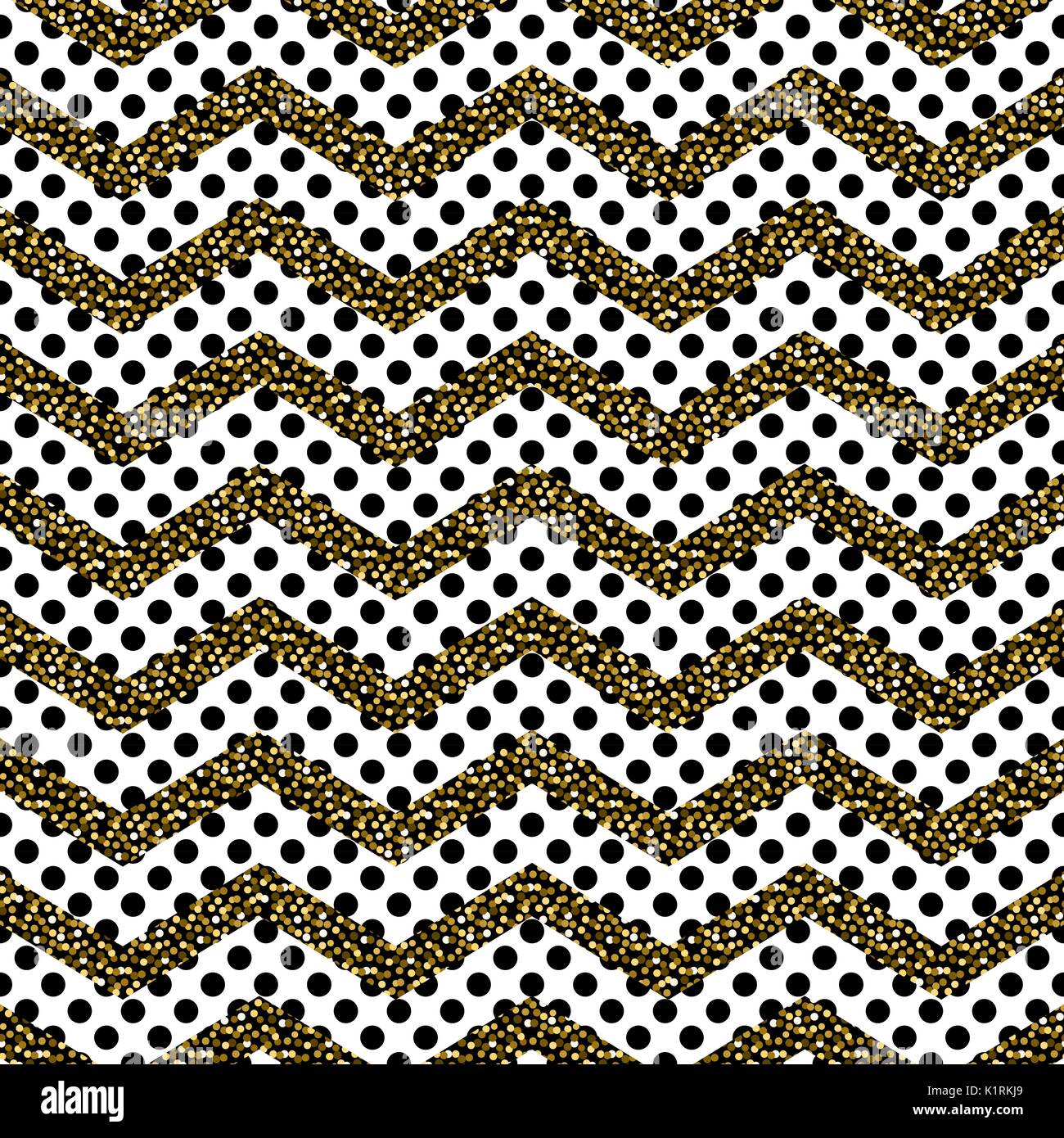 Zigzag angle wave lines with gold glitter seamless vector pattern. Stock Vector