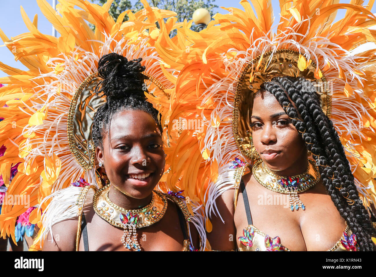 London, UK. 27th Aug, 2017. The Notting Hill Carnival kicked Off with a family day parade with  children dressed in colorful Samba costumes. The Notting Hill carnival which celebrates Afro-Caribbean culture by the British West Indian community is expected to attract 1 million revellers over the August bank holiday Credit: amer ghazzal/Alamy Live News Stock Photo
