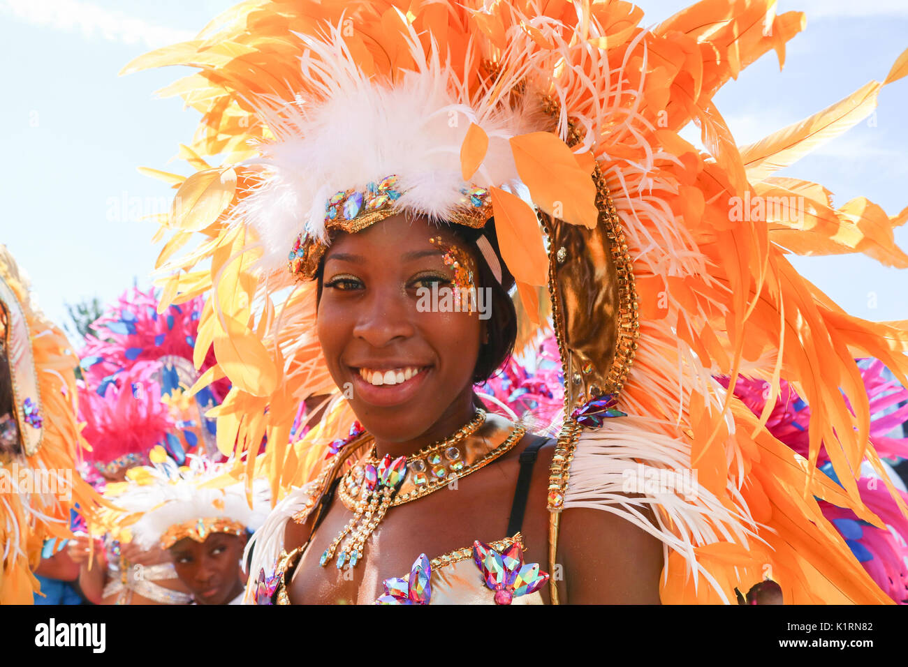 London, UK. 27th Aug, 2017. The Notting Hill Carnival kicked Off with a family day parade with  children dressed in colorful Samba costumes. The Notting Hill carnival which celebrates Afro-Caribbean culture by the British West Indian community is expected to attract 1 million revellers over the August bank holiday Credit: amer ghazzal/Alamy Live News Stock Photo
