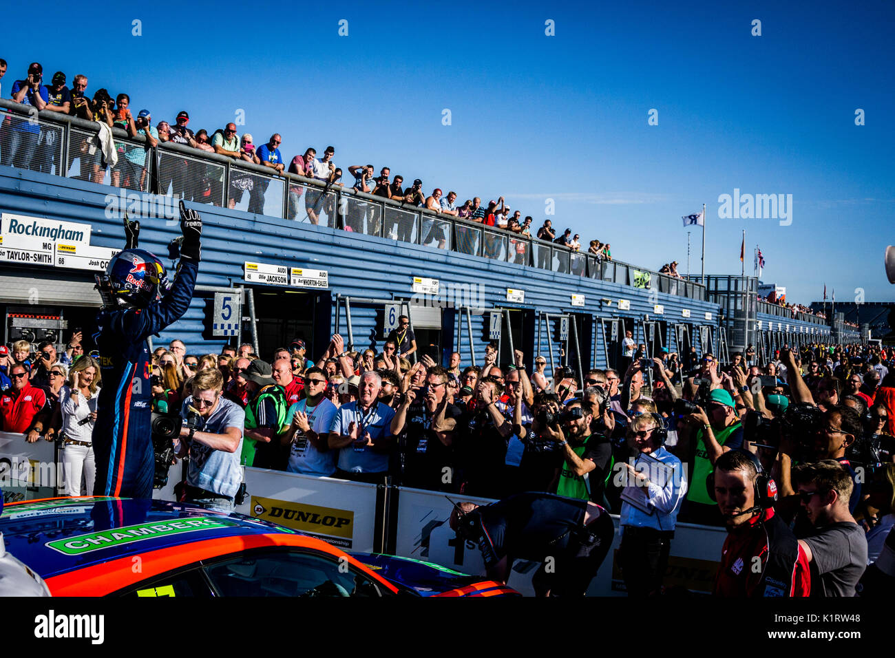 Corby, Northamptonshire, UK, 12th August 2018. ex BTCC racing driver and  ITV Sport presenter Paul O'Neill during the Dunlop MSA British Touring Car  Championship at Rockingham Motor Speedway. Photo by Gergo Toth /