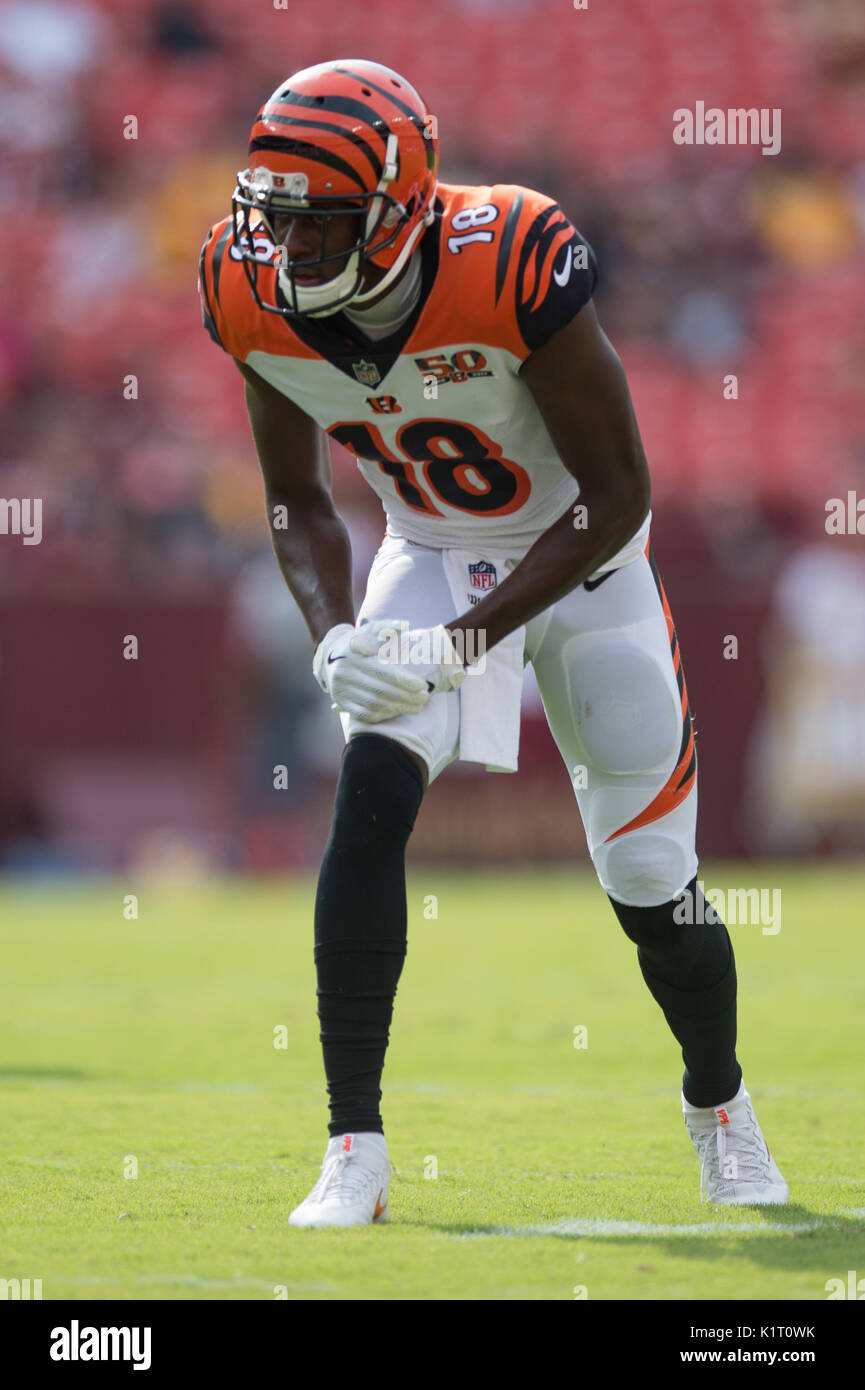 Landover, MD, USA. 27th Aug, 2017. Cincinnati Bengals wide receiver A.J. Green (18) waits for the snap in the first quarter of the pre-season matchup between the Cincinnati Bengals and the Washington Redskins at FedEx Field in Landover, MD. Credit: csm/Alamy Live News Stock Photo