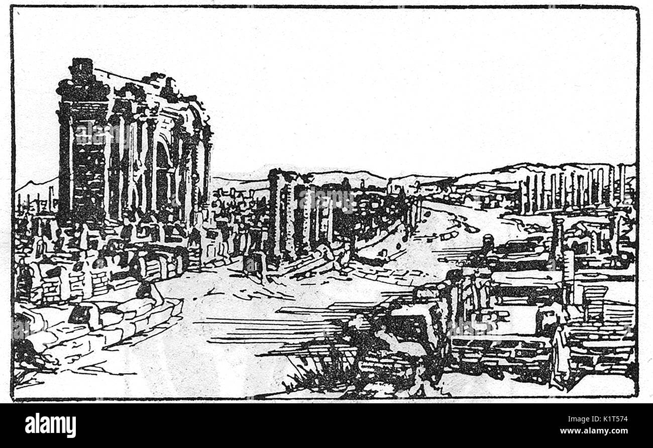 A 1926 drawing of the ruins and streets of ancient  Roman-Berber town of Timgad (aka Thamugas, and Thamugaddi) Algeria Stock Photo