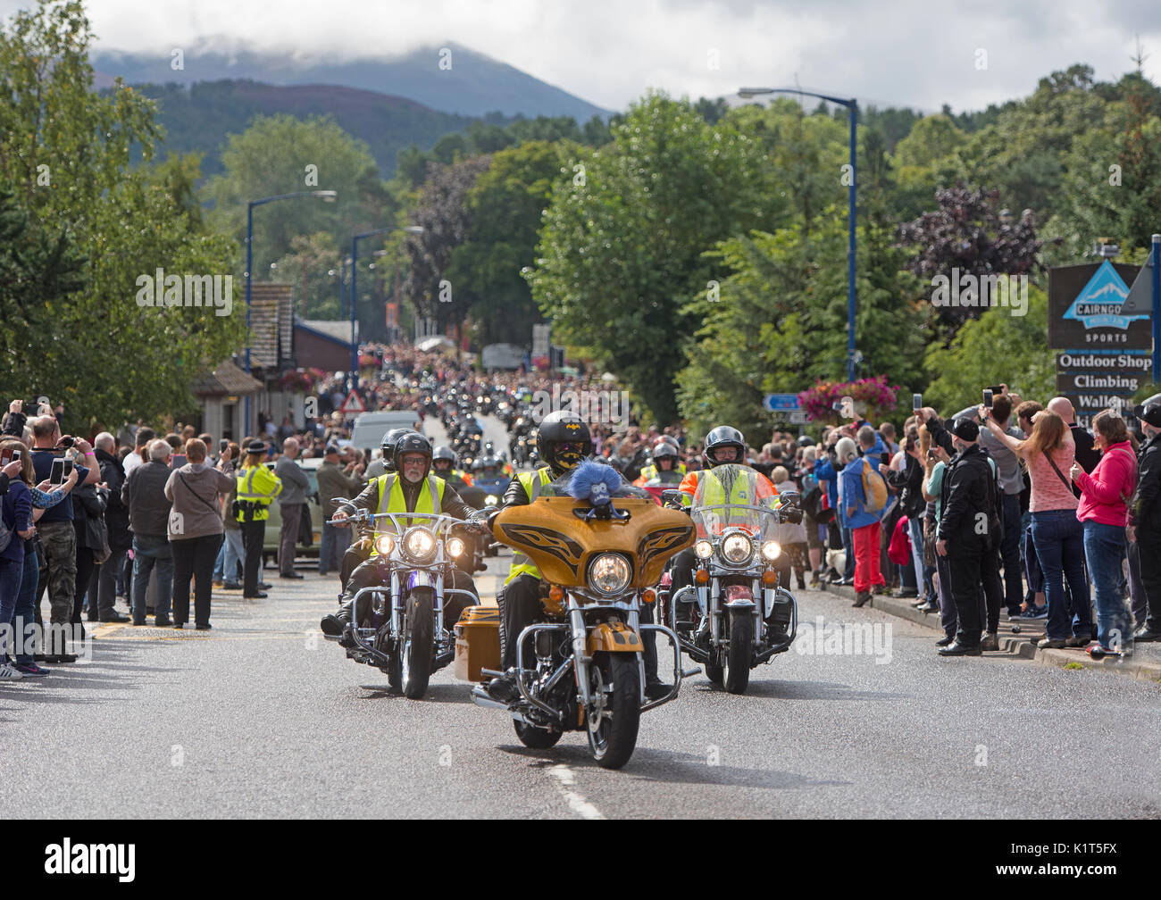 The start of the 2017 'THUNDER IN THE GLENS' convoy of 2200 Annual Harley Davidson motorcycle rally held at Aviemore in Strathspey Inverness-shire. Stock Photo