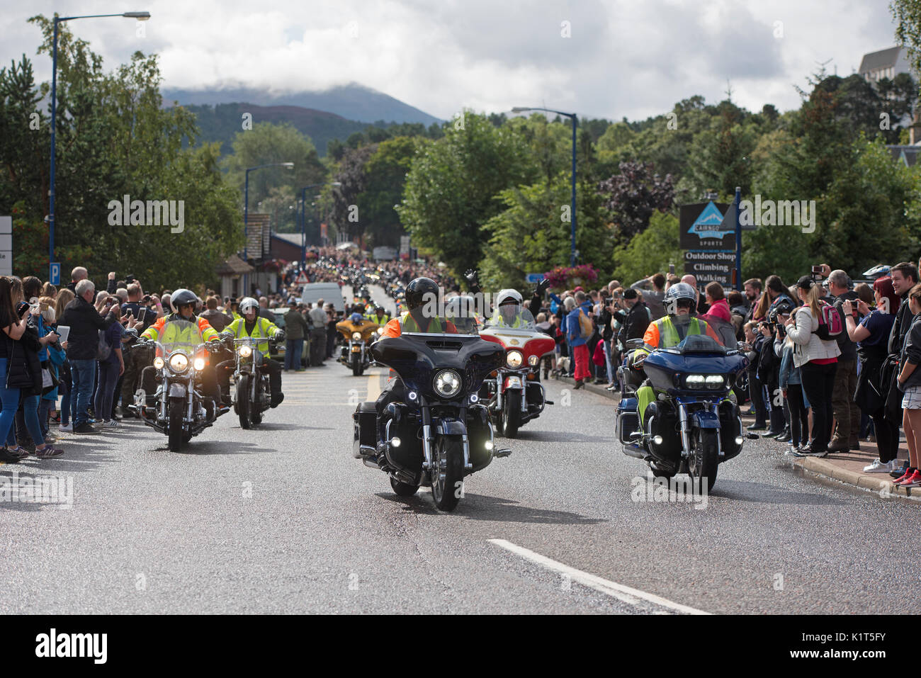 The start of the 2017 'THUNDER IN THE GLENS' convoy of 2200 Annual Harley Davidson motorcycle rally held at Aviemore in Strathspey Inverness-shire. Stock Photo