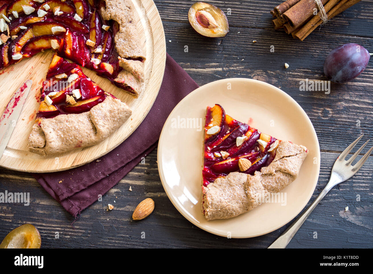 Plum Galette. Healthy homemade wholegrain fruit pie (galette) with