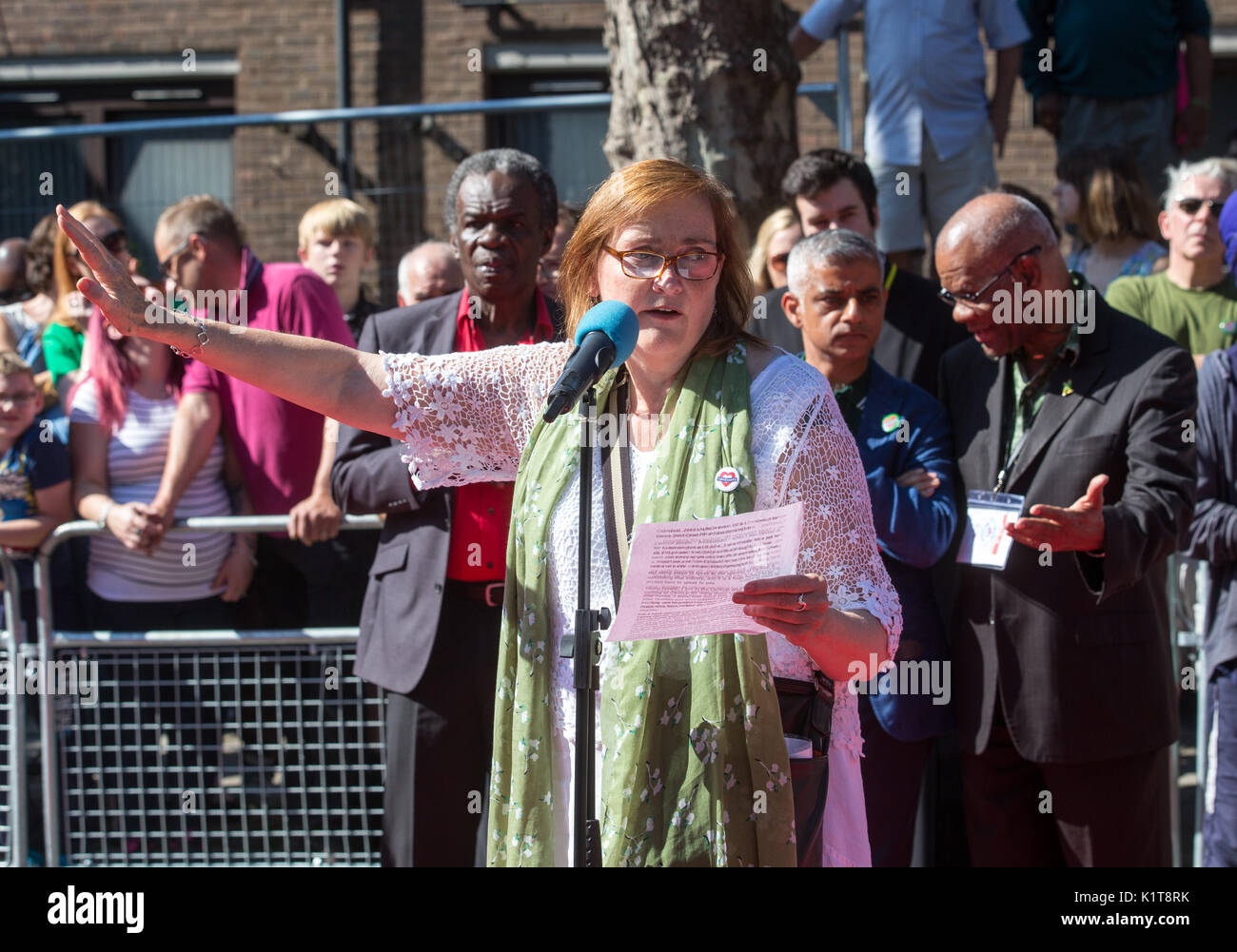 MP for Kensington, Emma Dent Coad, speaks at the opening of the Notting Hill Carnival. She spoke about the victims of the Grenfell tragedy Stock Photo
