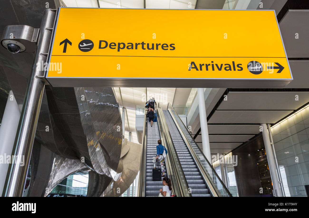 Arrivals and Departures signage at Heathrow Airport Terminal Two Building, London, UK Stock Photo