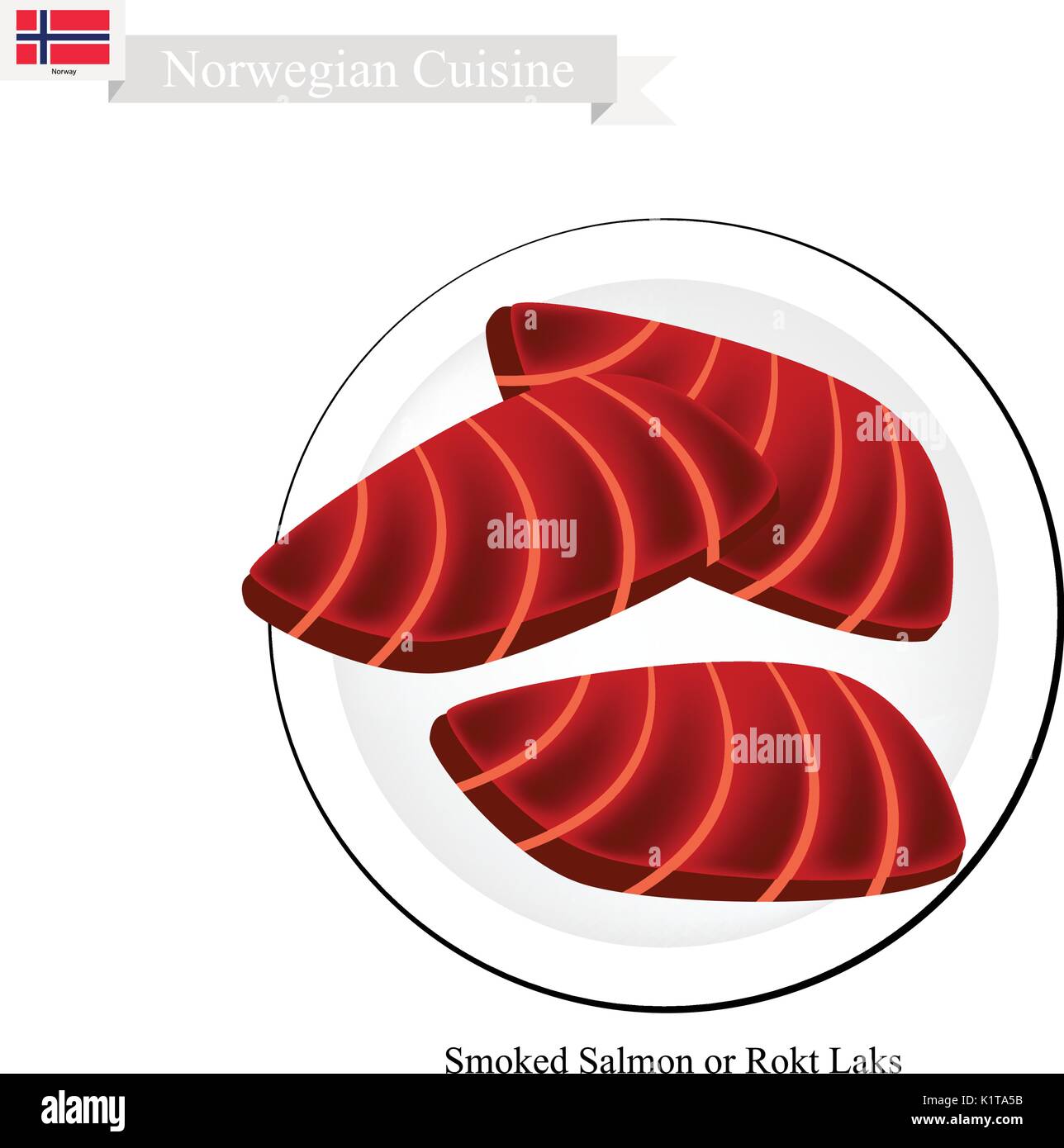 Norwegian Cuisine, Rokt Laks or Traditional Smoked Salmon. One of The Most Famous Food in Norway. Stock Vector