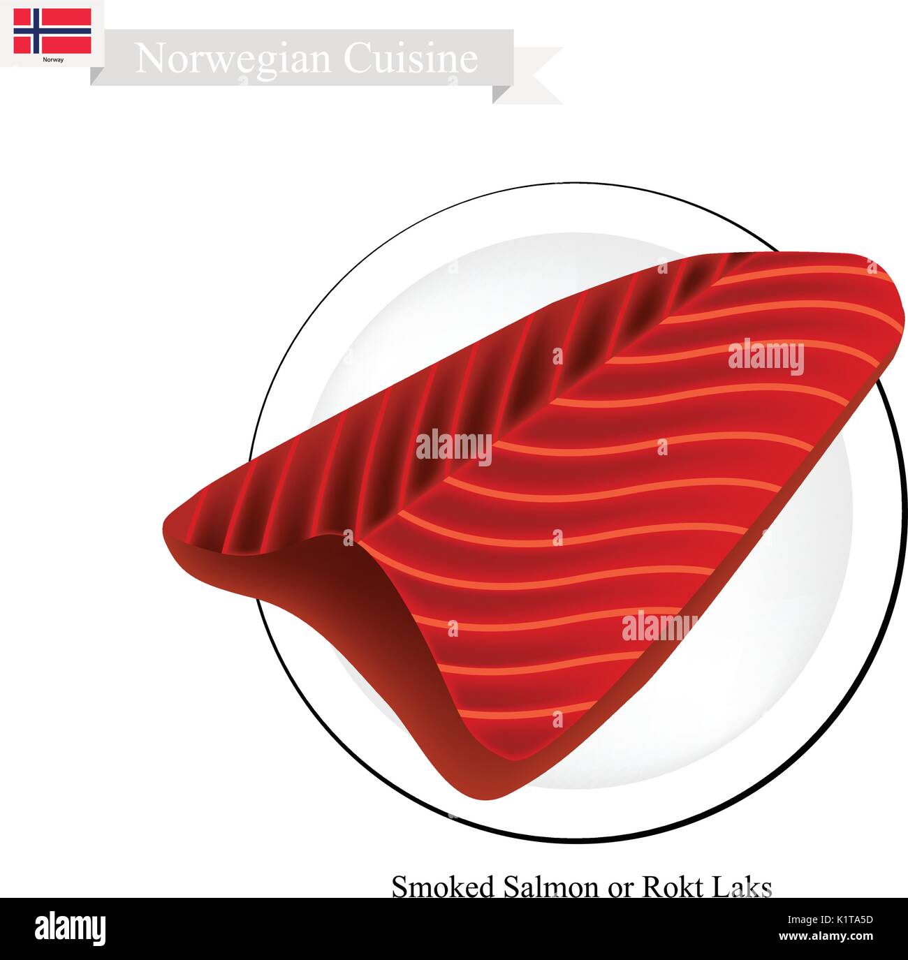 Norwegian Cuisine, Rokt Laks or Traditional Smoked Salmon. One of The Most Famous Food in Norway. Stock Vector