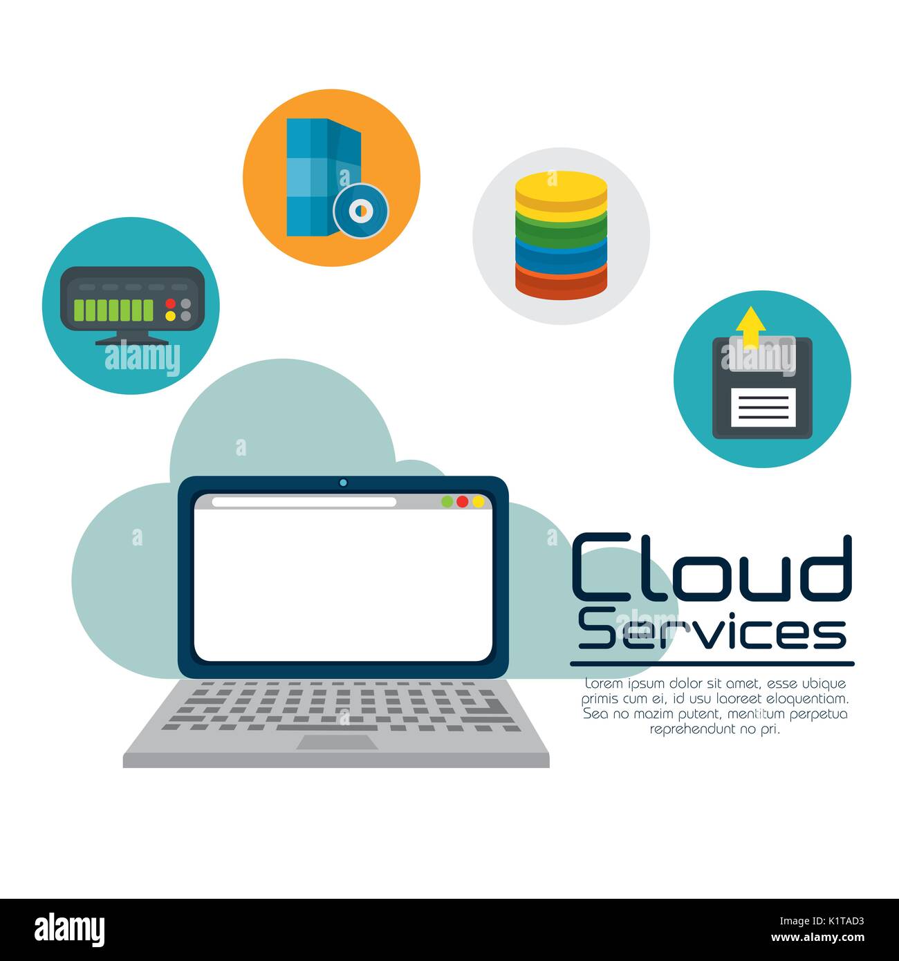 Laptop and icon set of Cloud computing and services theme Vector ...
