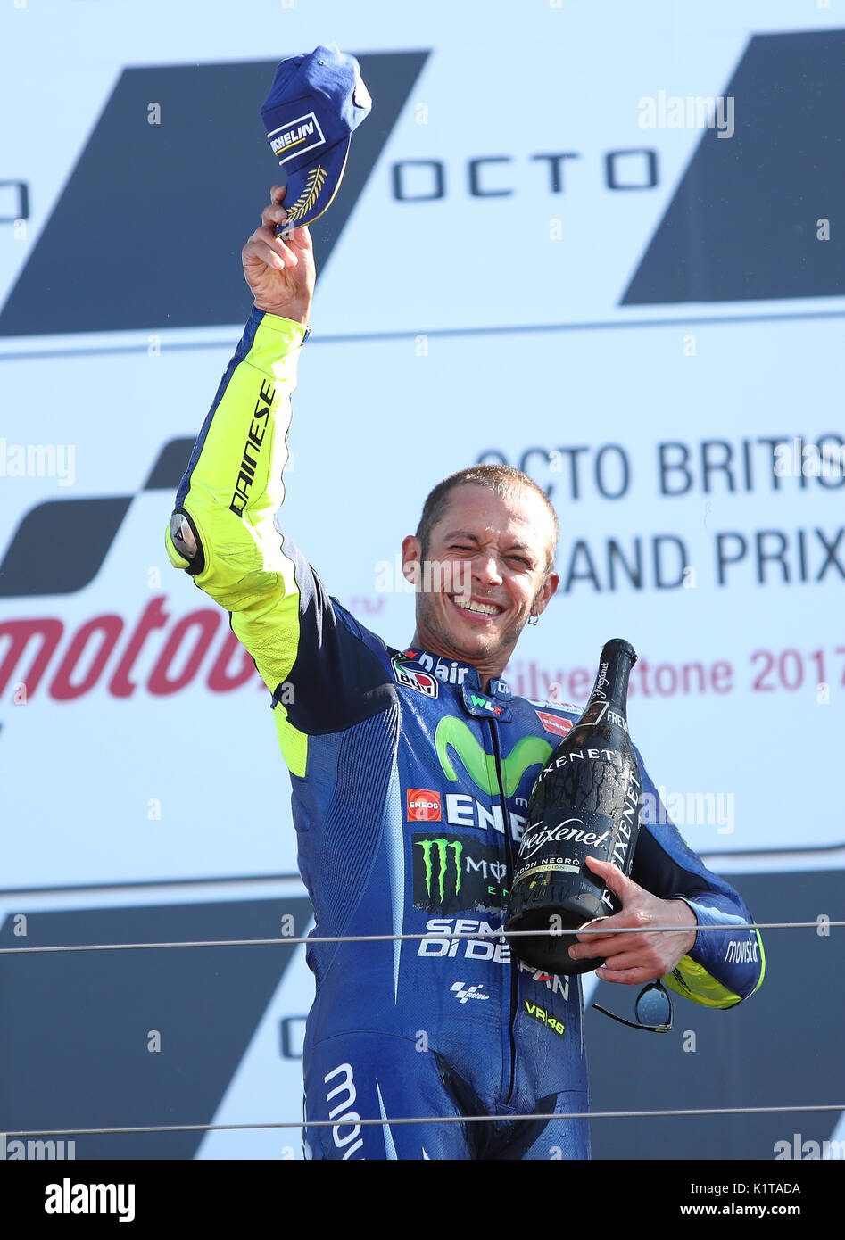 Moviestar Yamaha Valentino Rossi celebrates his third place during the British Moto Grand Prix at Silverstone, Towcester. Stock Photo