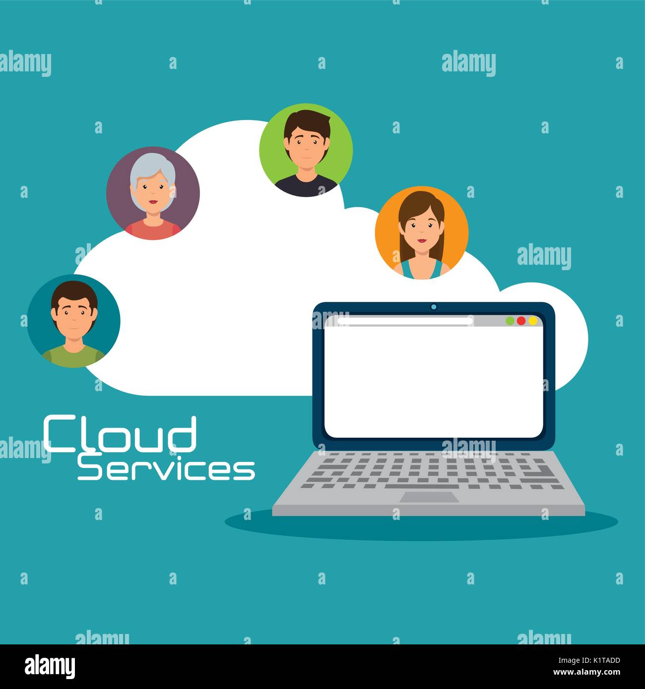Laptop and people of Cloud computing and services theme Vector ...