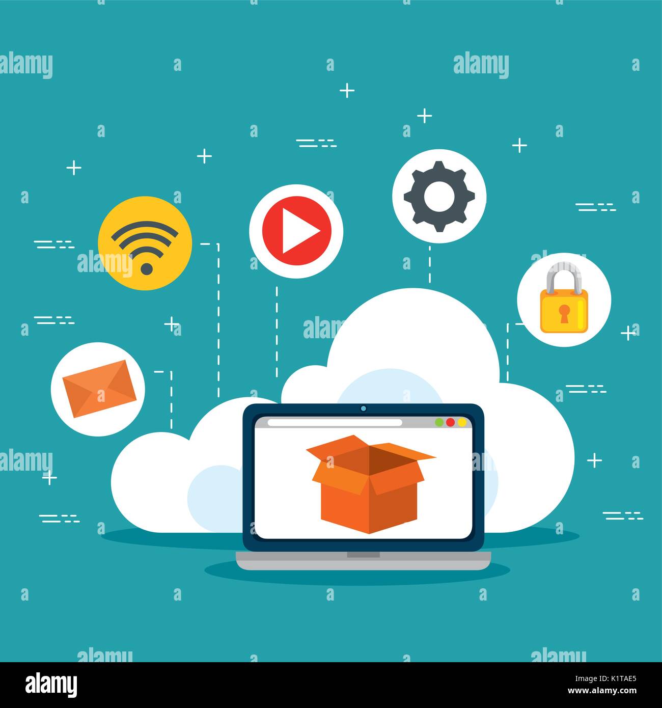 Laptop and icon set of cloud computing and services theme vector