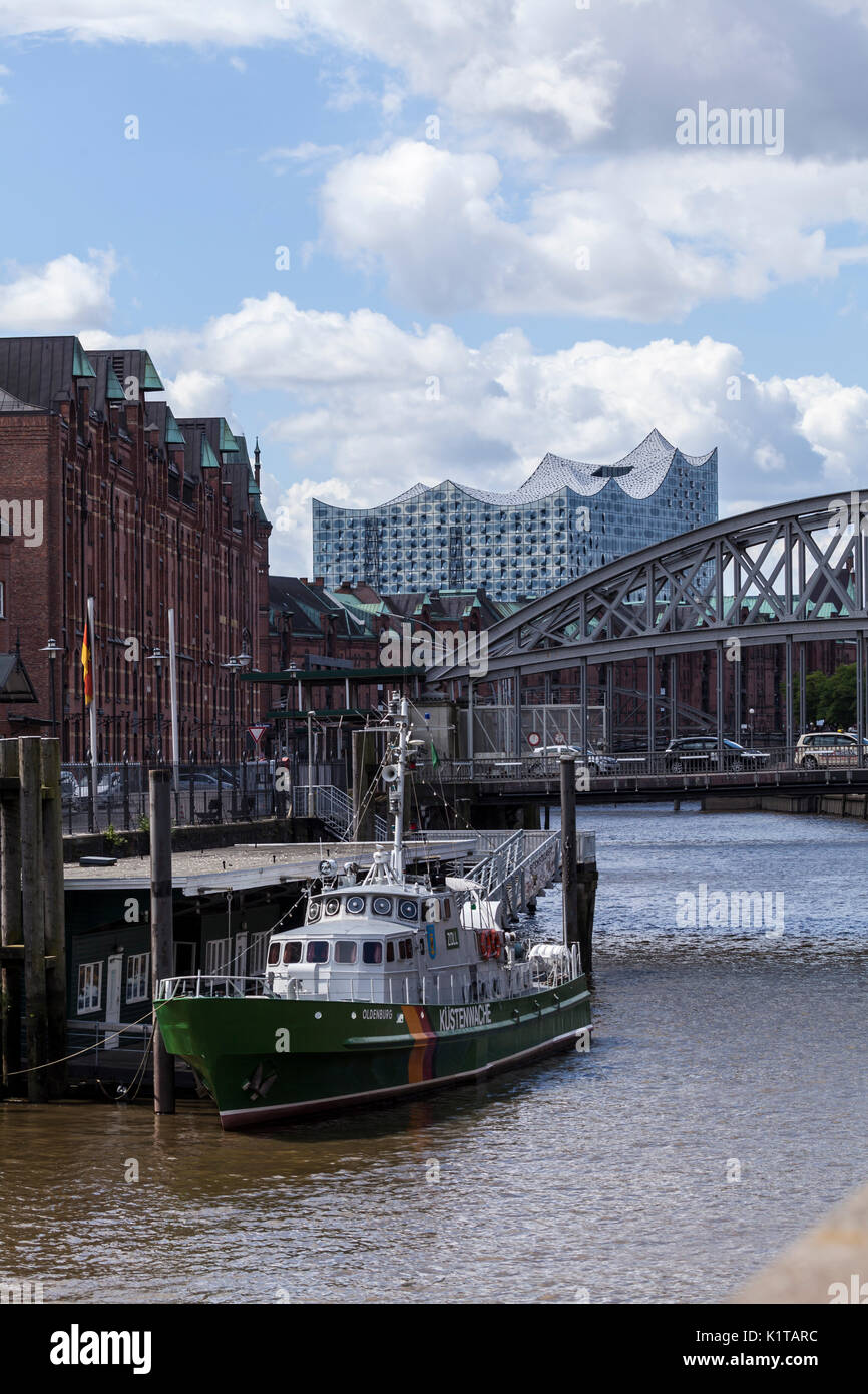 View to Elbe Philharmonic Hall in Hamburg and in foreground a shop of coast guards Stock Photo
