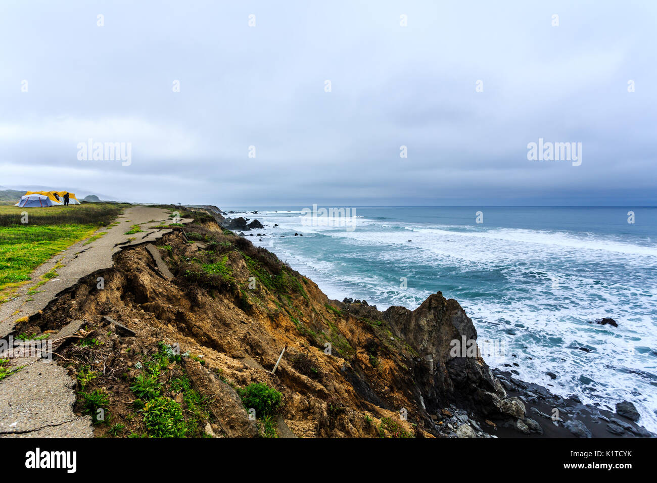 Waterfront campground nestled in the rugged coast of California showing ...