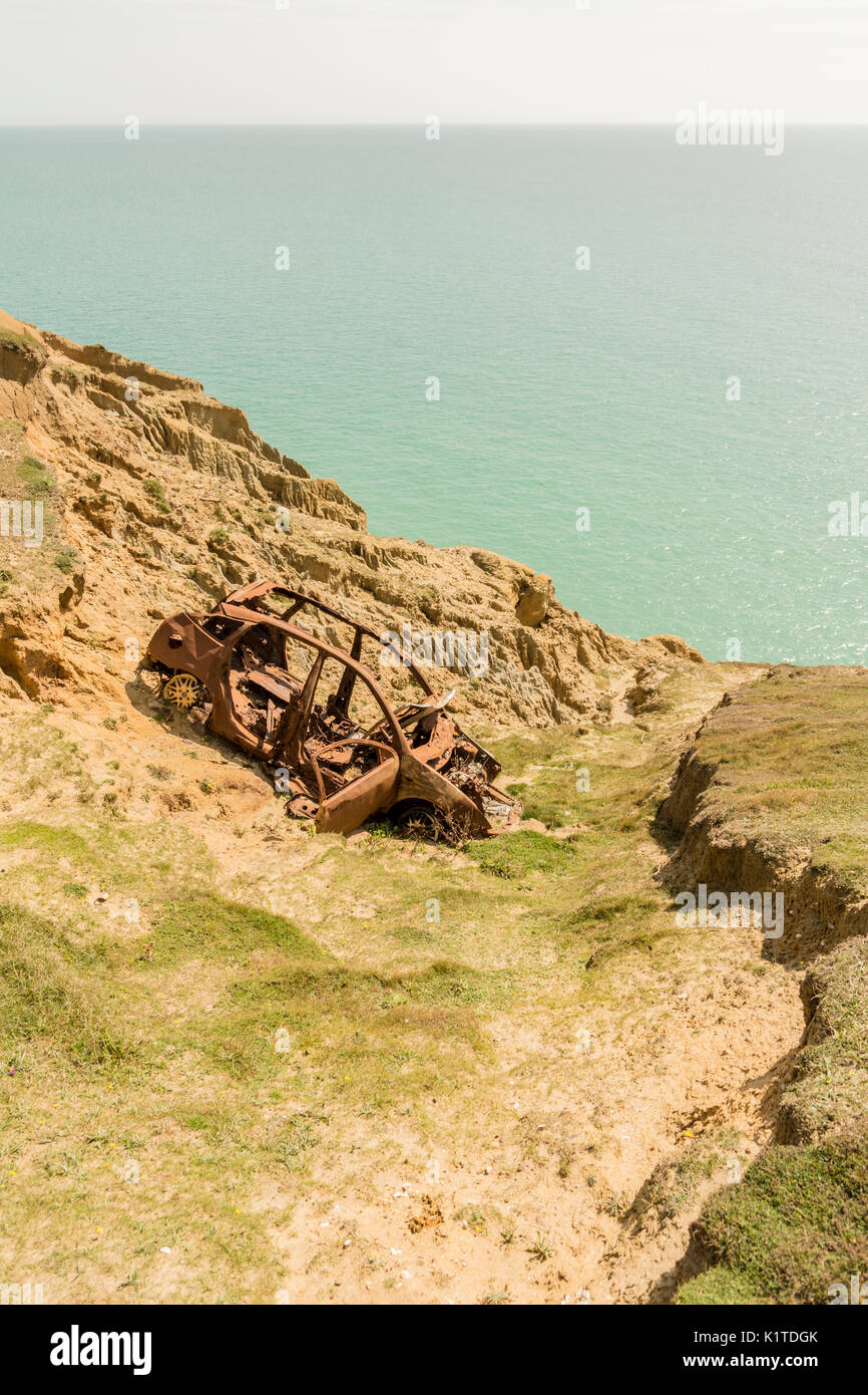 Dumped and burnt out car - Harbour Heights, Newhaven, East Sussex, UK. Stock Photo
