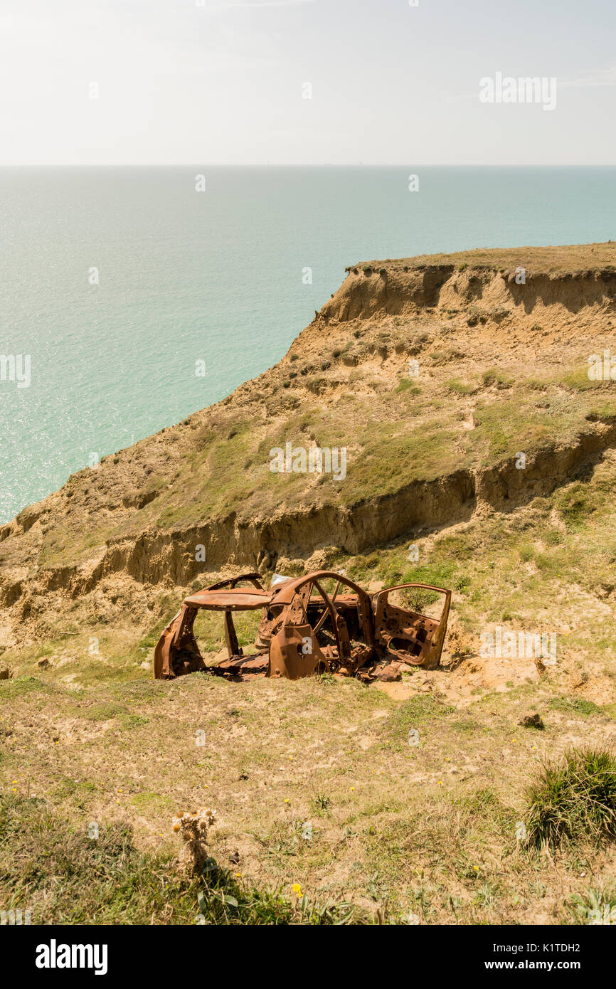 Dumped and burnt out car - Harbour Heights, Newhaven, East Sussex, UK. Stock Photo