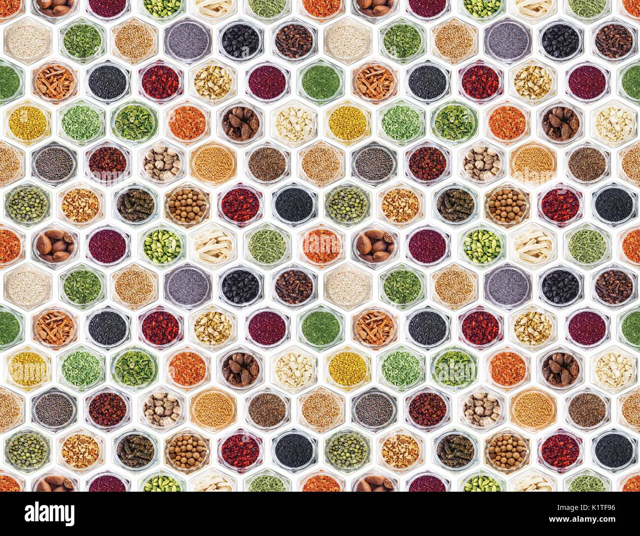 Seamless texture with spices and herbs over white background Stock Photo